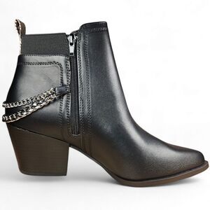 Size 10 Black Ankle Booties Silver Chains Side Zip Snakeskin Detail Pointed SODA